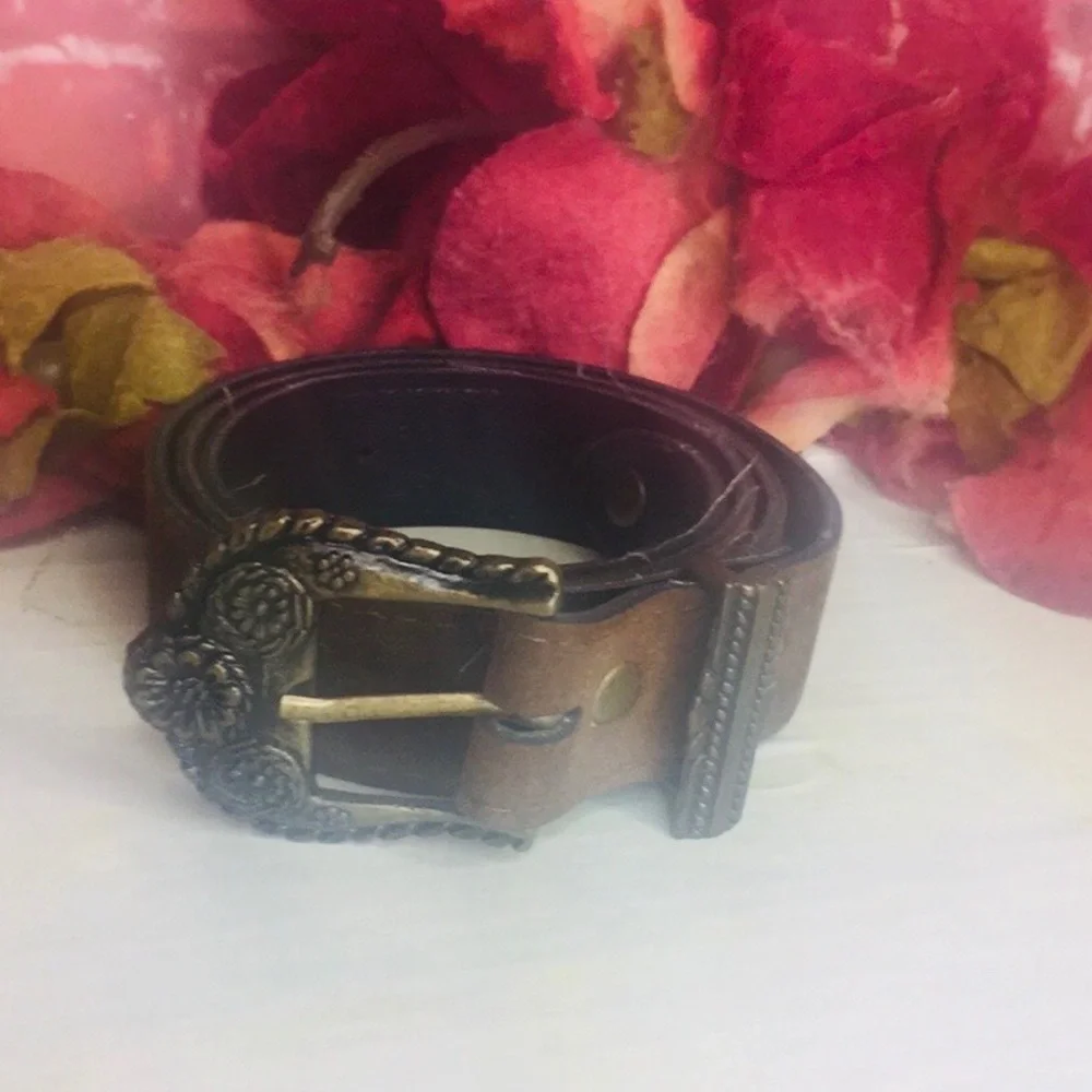Brown Suede Leather Western Style Belt with Floral Brass Buckle